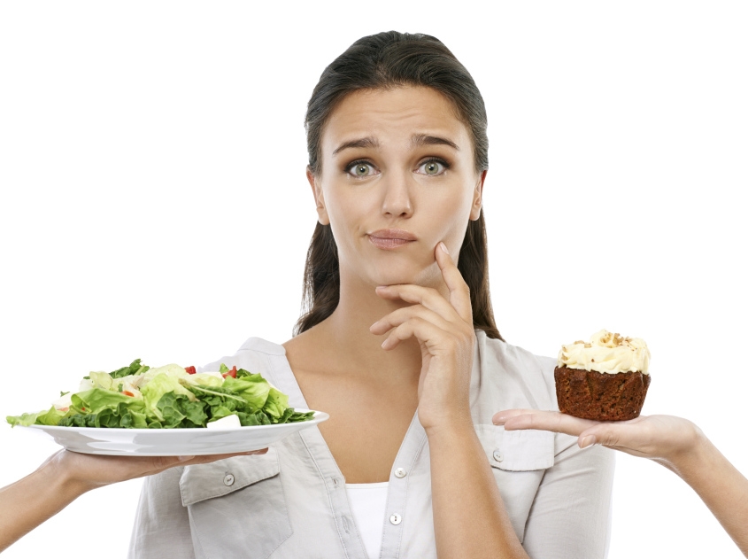 Women selecting between salad and cake